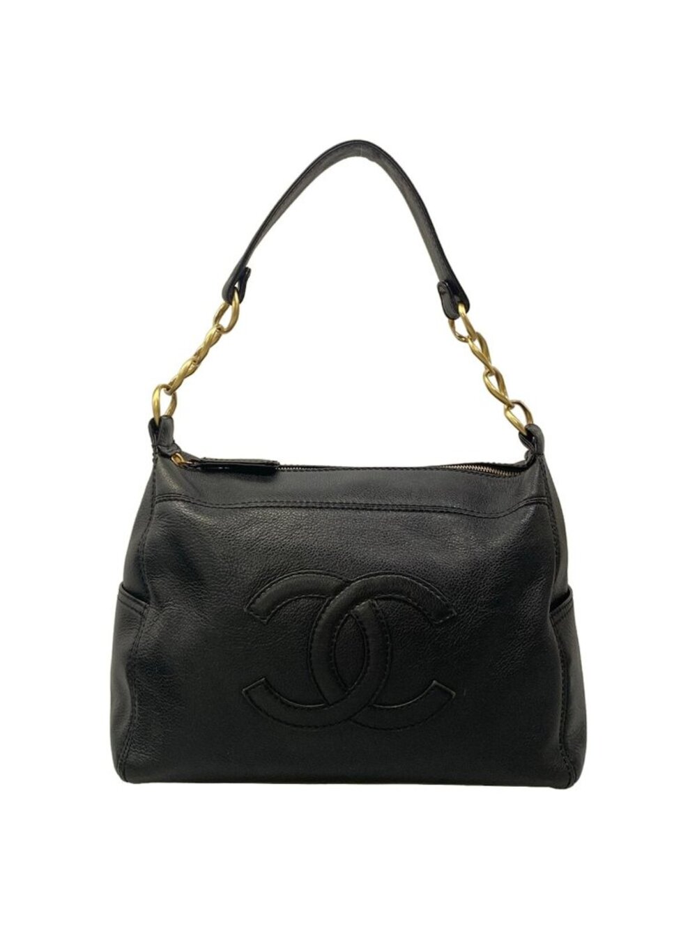 Chanel Handbag Black Matte Gold CC Logo Leather